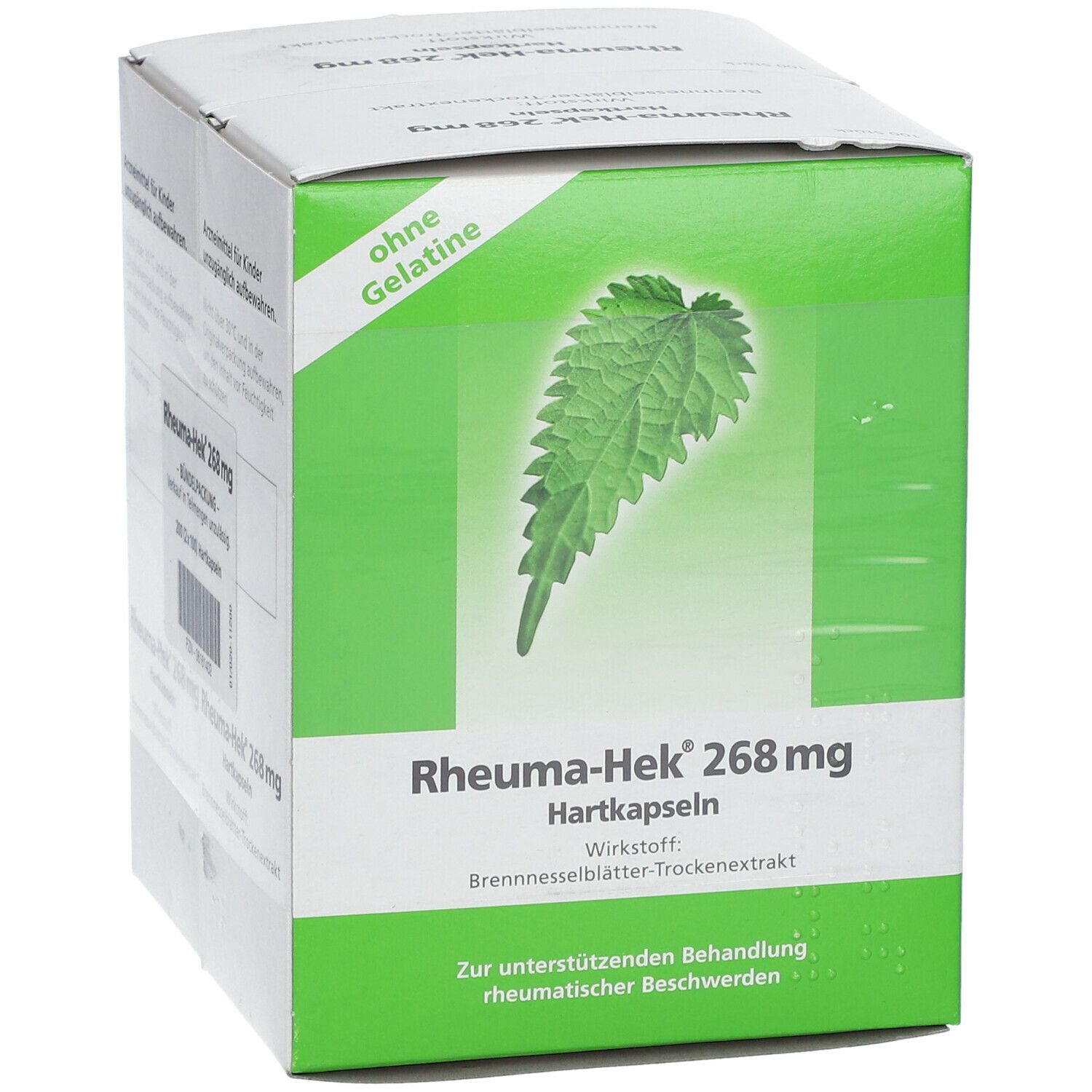Rheuma-Hek® 268 mg Packung. Grün-weiße Schachtel mit Brennnessel-Blatt-Illustration. Text: ohne Gelatine, Wirkstoff, Behandlung rheumatischer Beschwerden.
