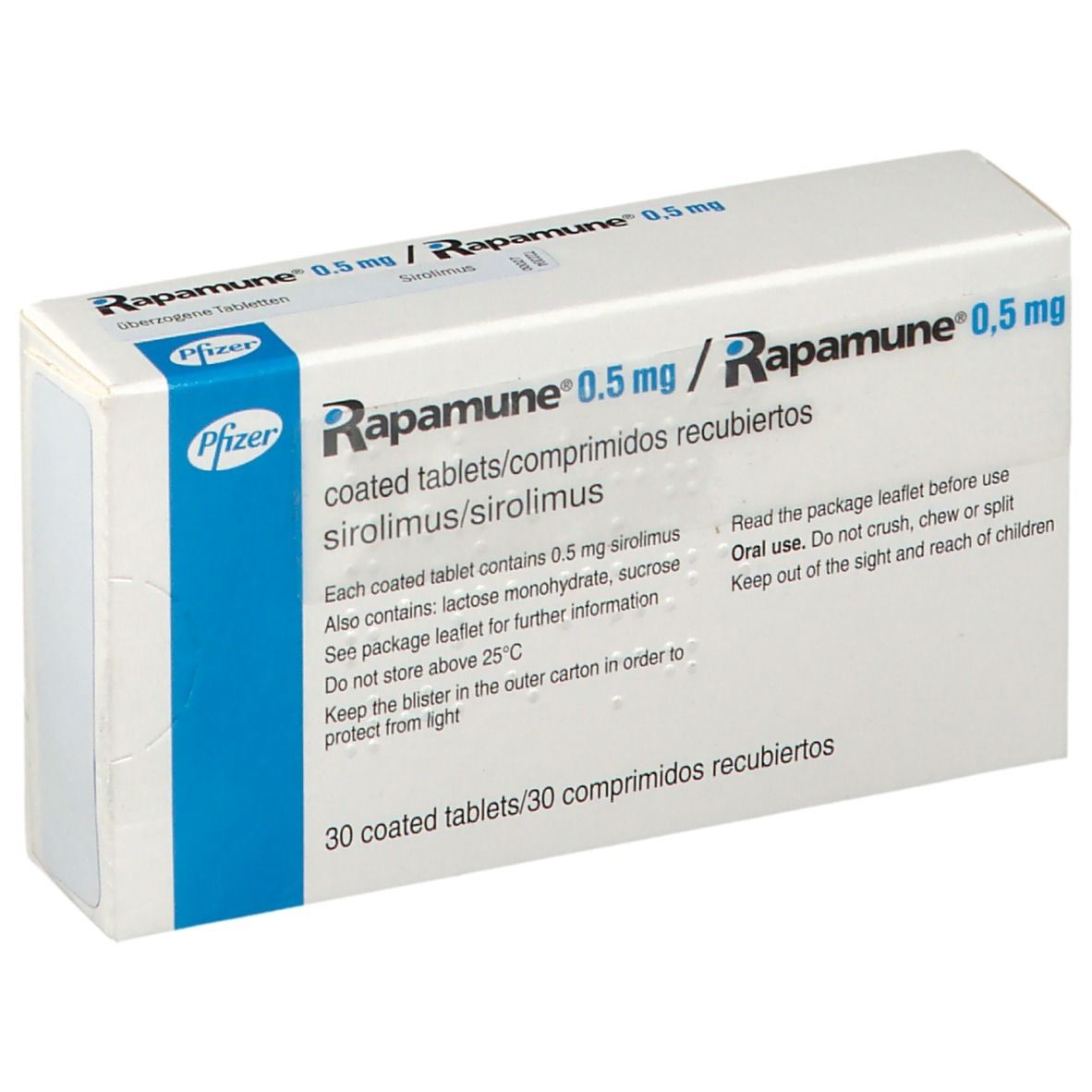 Schachtel mit RAPAMUNE 0,5 mg Tabletten. Aufschrift: 30 überzogene Tabletten. Pfizer-Logo.