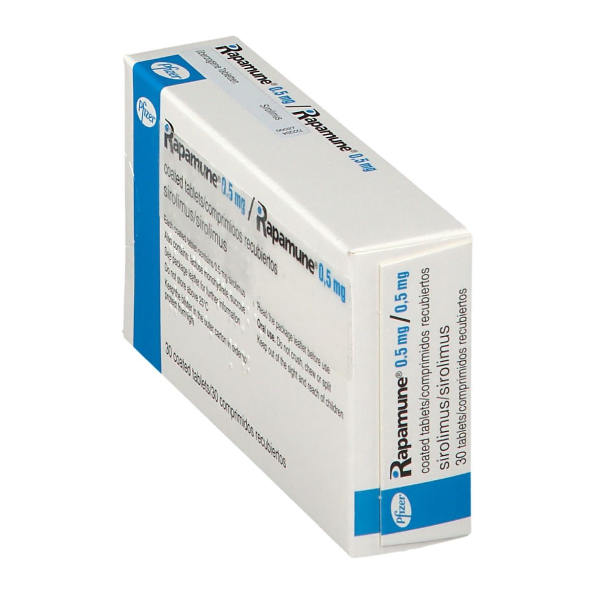 Schachtel mit RAPAMUNE 0,5 mg Tabletten. Seitenansicht. Pfizer-Logo. Aufschrift: 30 überzogene Tabletten.