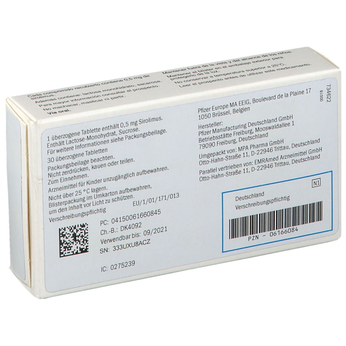 Rückseite der Schachtel mit RAPAMUNE 0,5 mg Tabletten. Informationen und Barcode. Anschrift des Herstellers.
