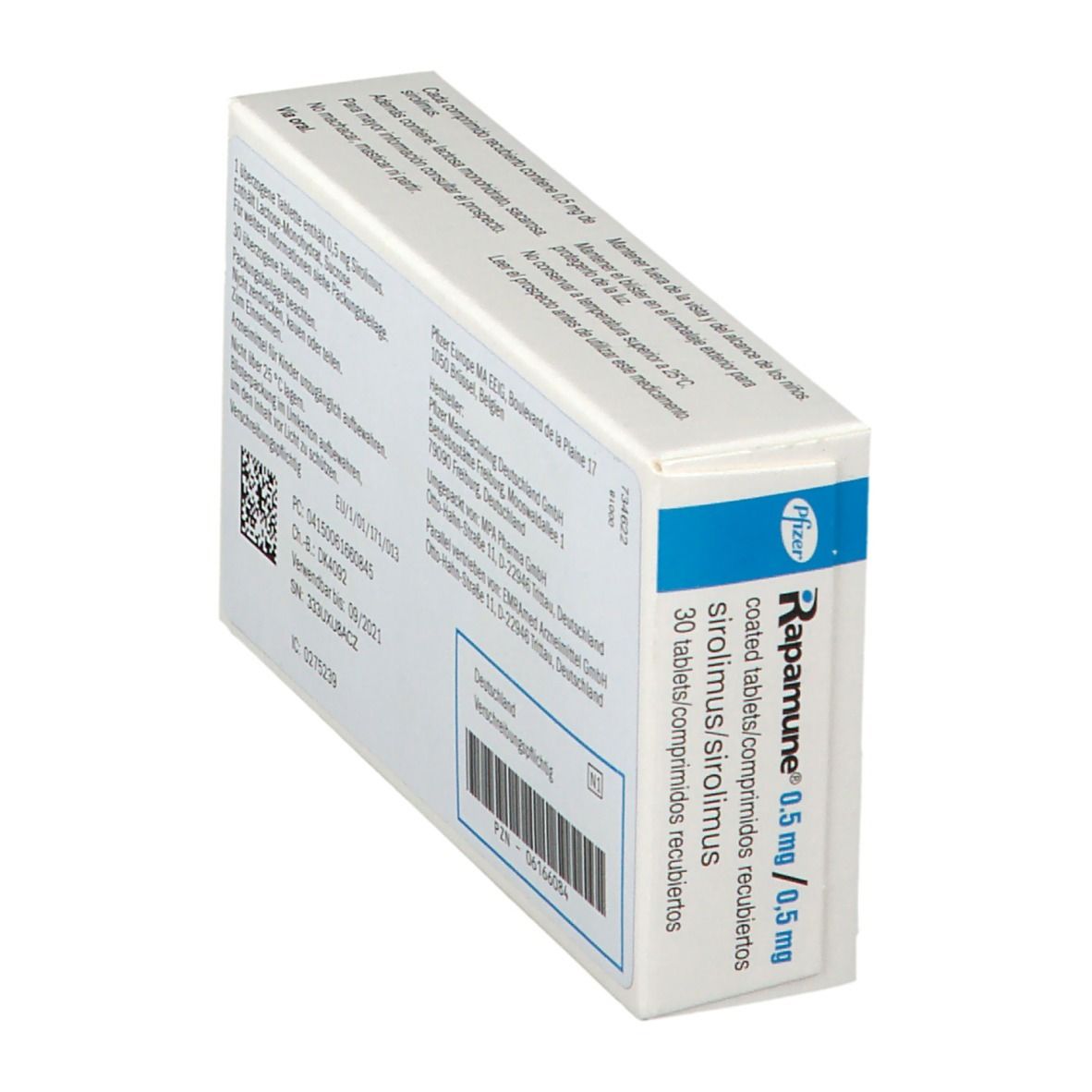 Schachtel mit RAPAMUNE 0,5 mg Tabletten. Seitenansicht mit Informationen und Barcode. Pfizer-Logo.