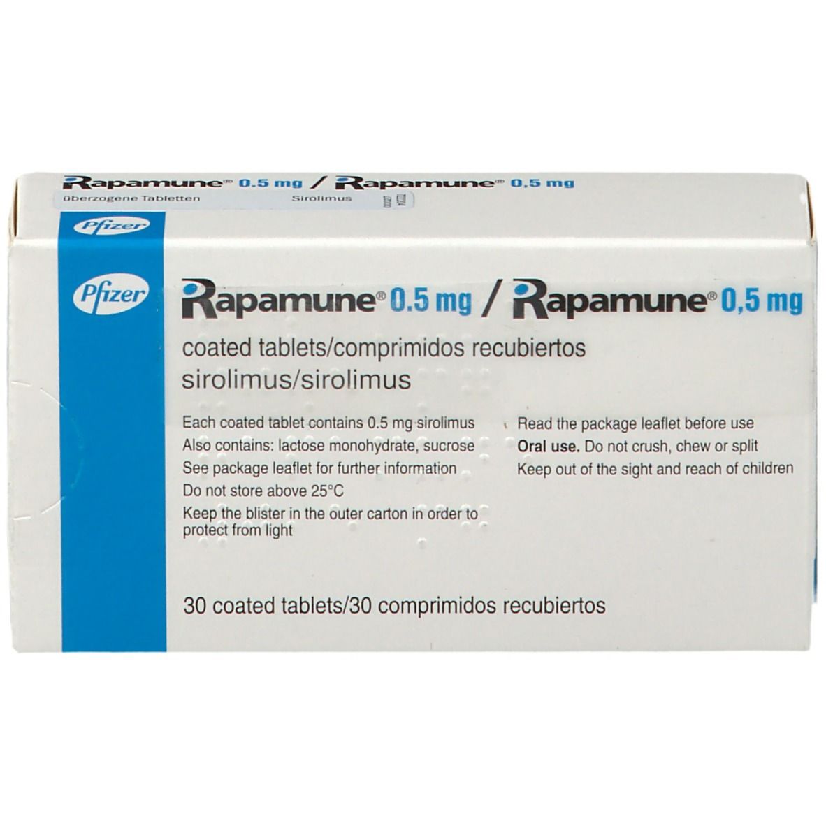 Schachtel mit RAPAMUNE 0,5 mg Tabletten. Vorderansicht. Pfizer-Logo. Aufschrift: 30 überzogene Tabletten.