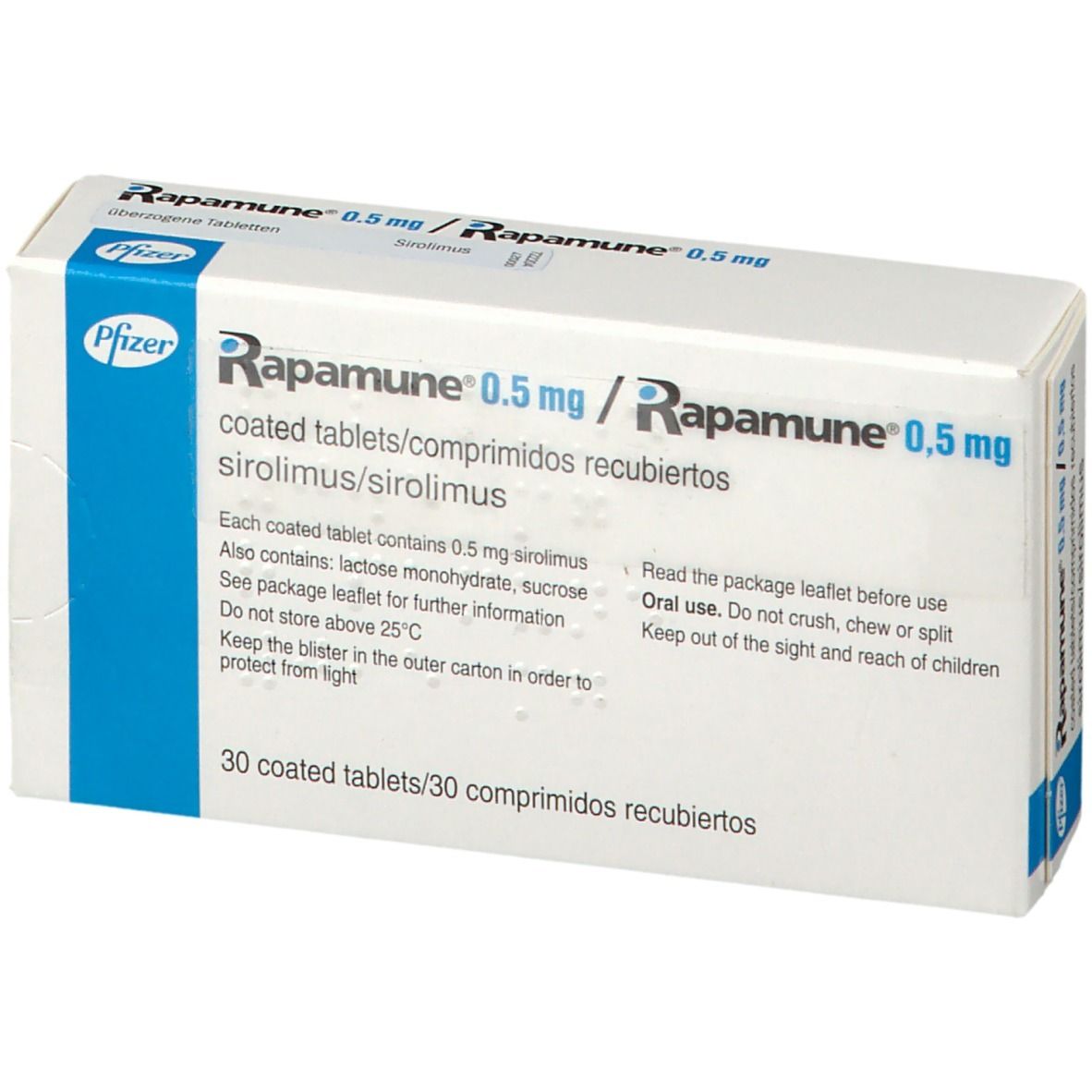 Schachtel mit RAPAMUNE 0,5 mg Tabletten. Vorderansicht. Pfizer-Logo. Aufschrift: 30 überzogene Tabletten.