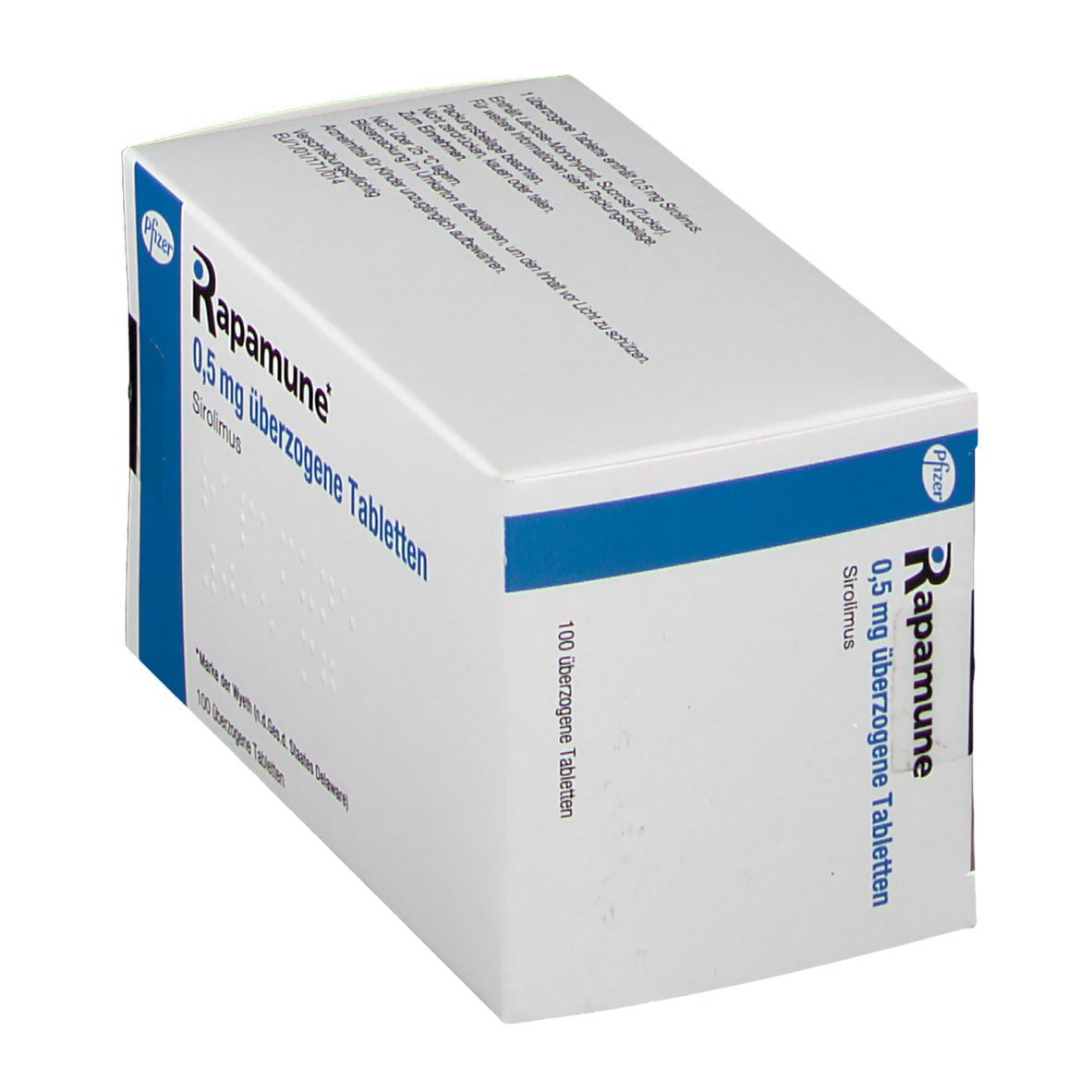 Schachtel RAPAMUNE 0,5 mg überzogene Tabletten. Blaue und weiße Verpackung. Pfizer-Logo. 100 Tabletten.