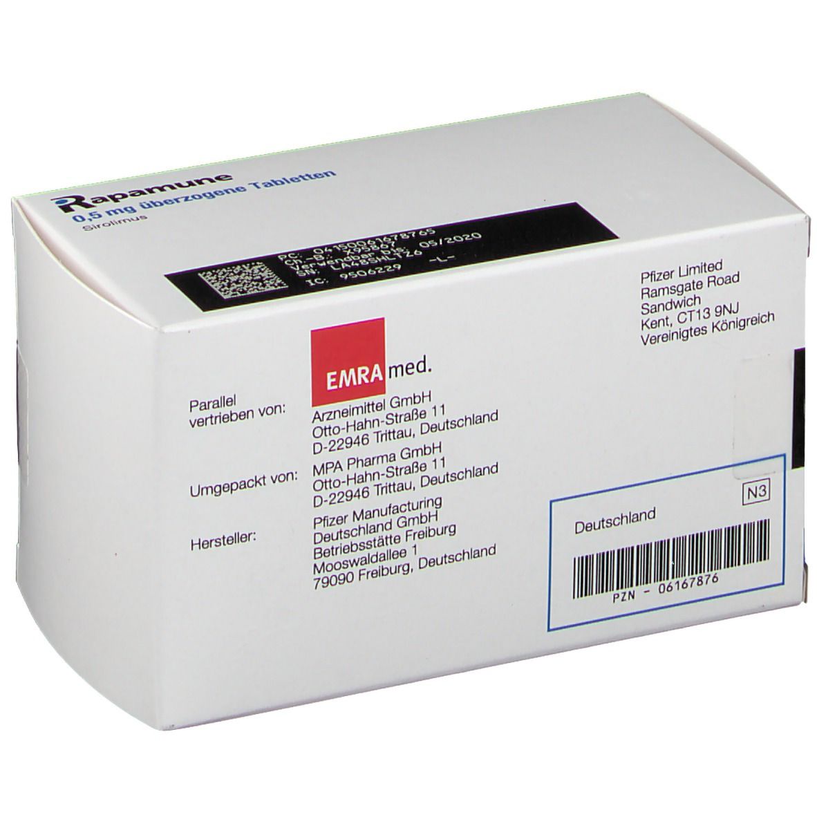 Rückseite der Schachtel RAPAMUNE 0,5 mg überzogene Tabletten. Herstellerinformationen. Barcode und Chargennummer.