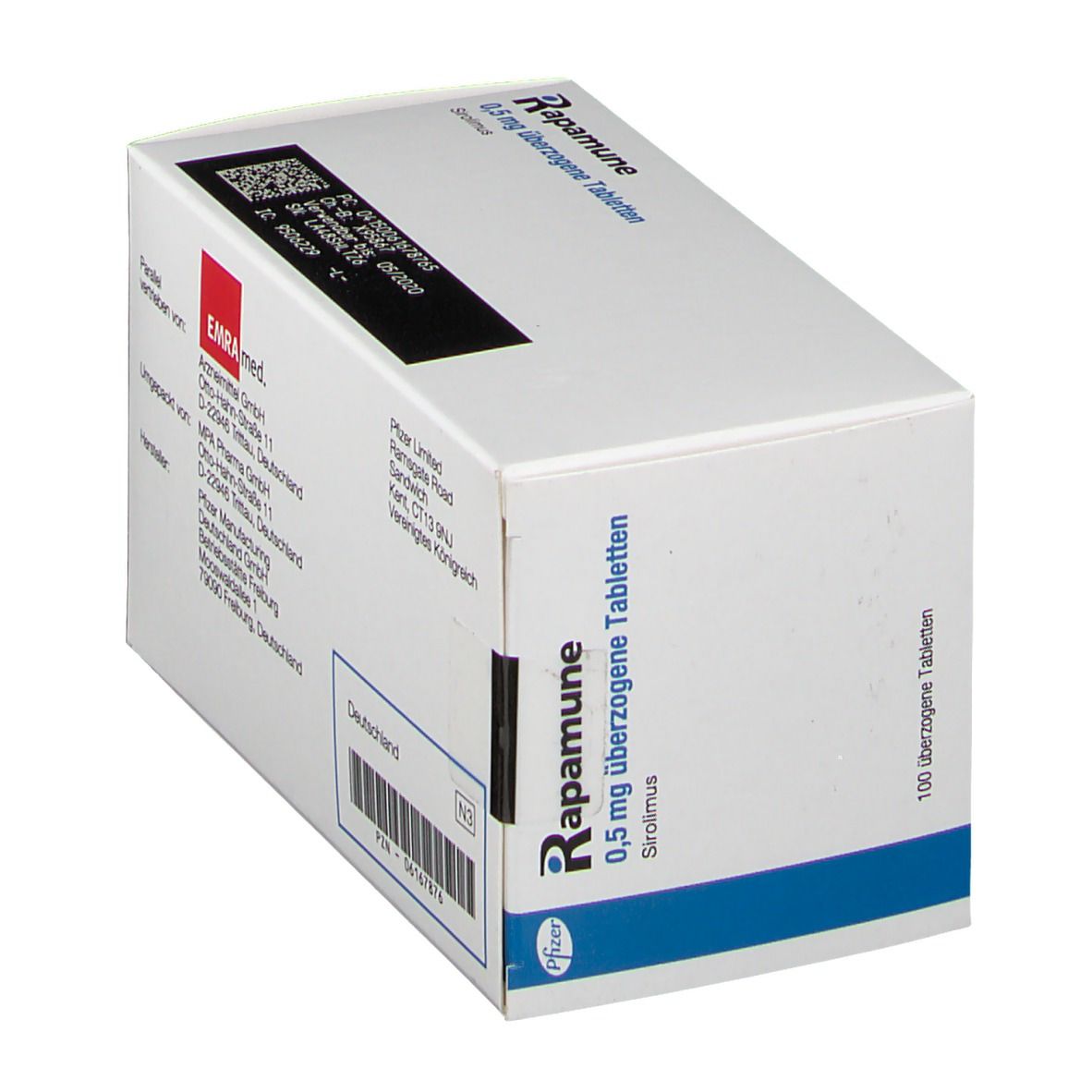 Schachtel RAPAMUNE 0,5 mg überzogene Tabletten. Herstellerinformationen. Barcode und Chargennummer.