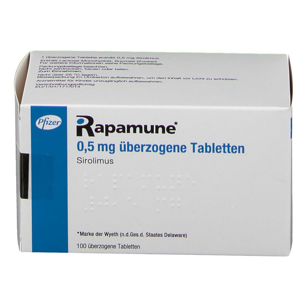 Schachtel RAPAMUNE 0,5 mg überzogene Tabletten. Blaue und weiße Verpackung. Pfizer-Logo. 100 Tabletten.