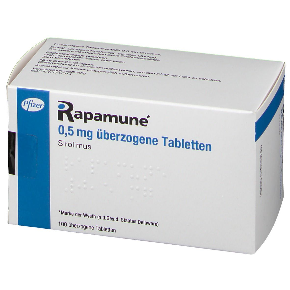 Schachtel RAPAMUNE 0,5 mg überzogene Tabletten. Blaue und weiße Verpackung. Pfizer-Logo. 100 Tabletten.