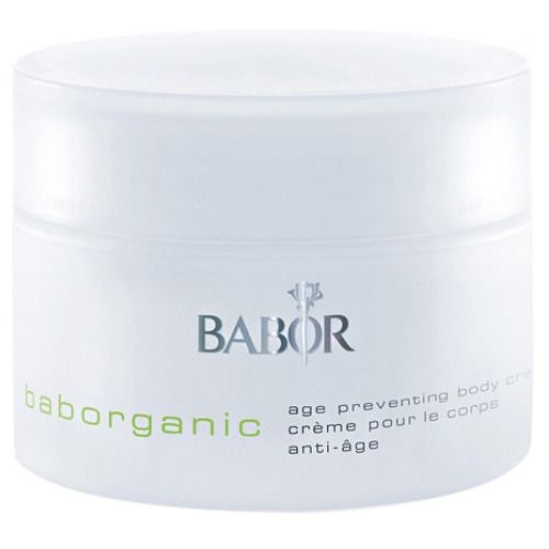 Weißer Tiegel mit Deckel. Aufschrift BABOR, baborganic, age preventing body cream, crème pour le corps, anti-âge.