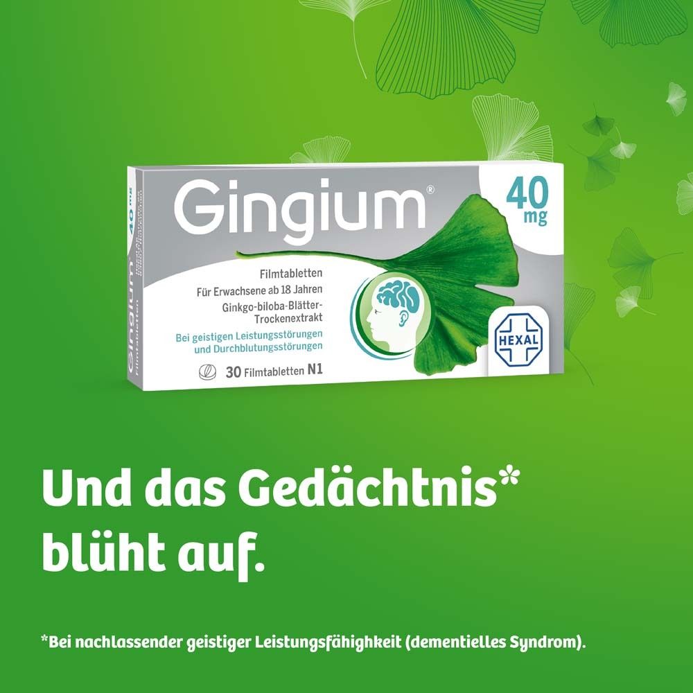Gingium® 40 mg Packung. Text: Und das Gedächtnis blüht auf.