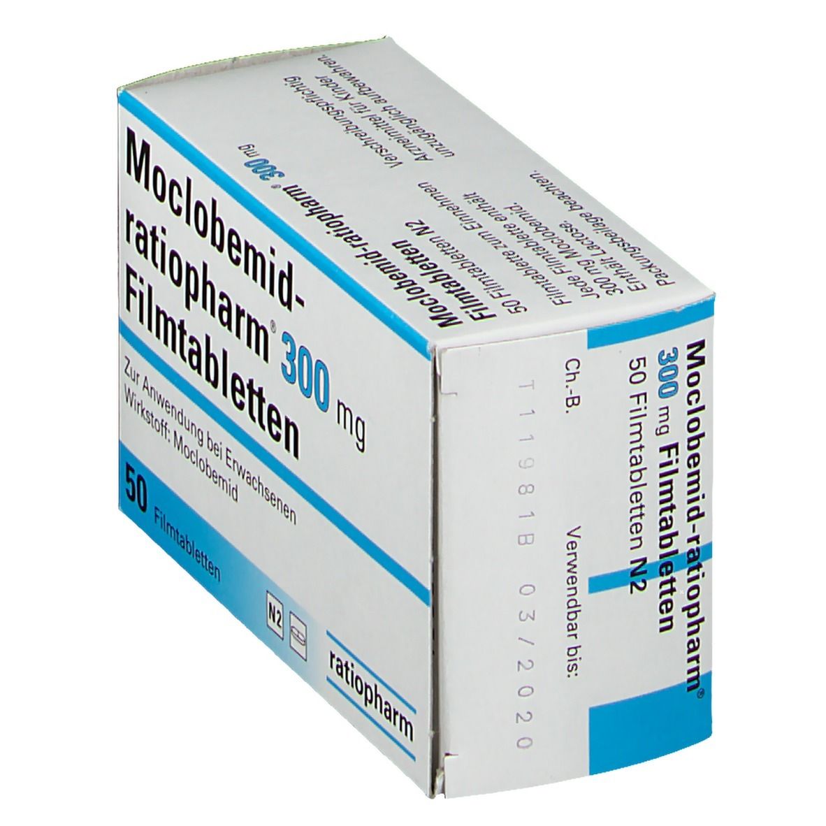 Schachtel MOCLOBEMID ratiopharm® 300 mg Filmtabletten. Blaue und weiße Verpackung. 50 Filmtabletten. Aufschrift: 300 mg. Verfallsdatum.