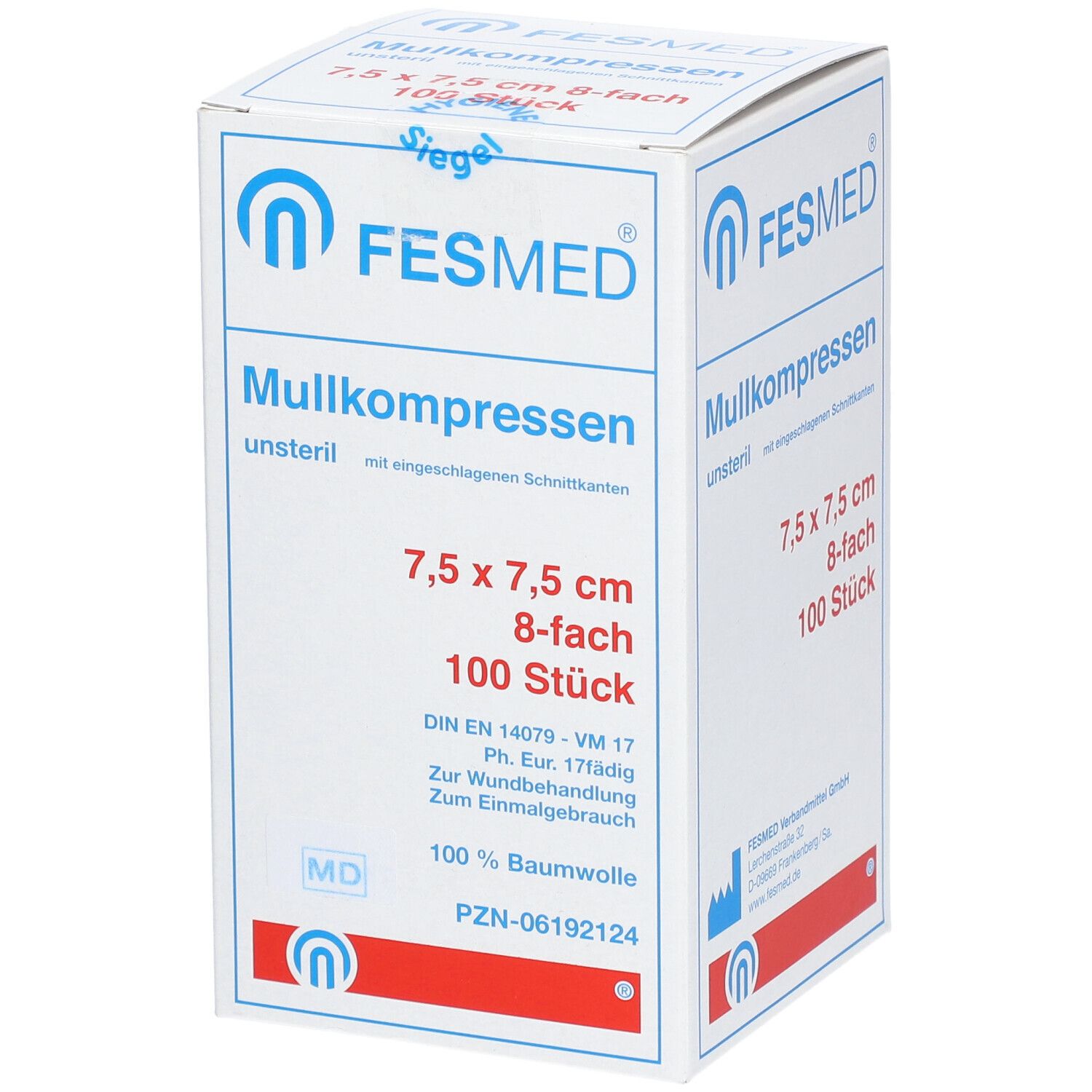 FESMED Mullkompressen, unsteril, 7,5 x 7,5 cm, 8-fach, 100 Stück. Weiße Verpackung mit blauen und roten Akzenten.