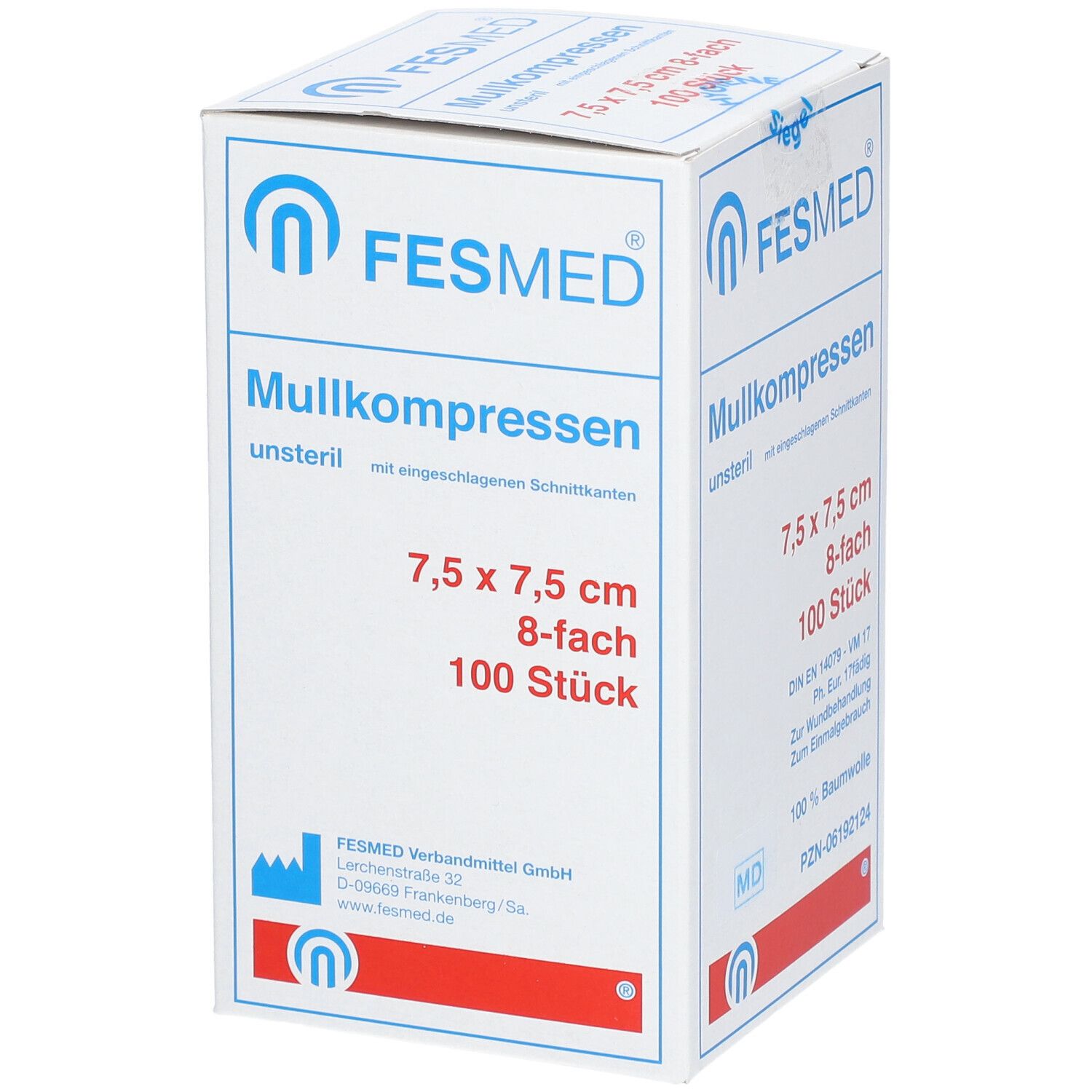 FESMED Mullkompressen, unsteril, 7,5 x 7,5 cm, 8-fach, 100 Stück. Weiße Verpackung mit blauen und roten Akzenten.