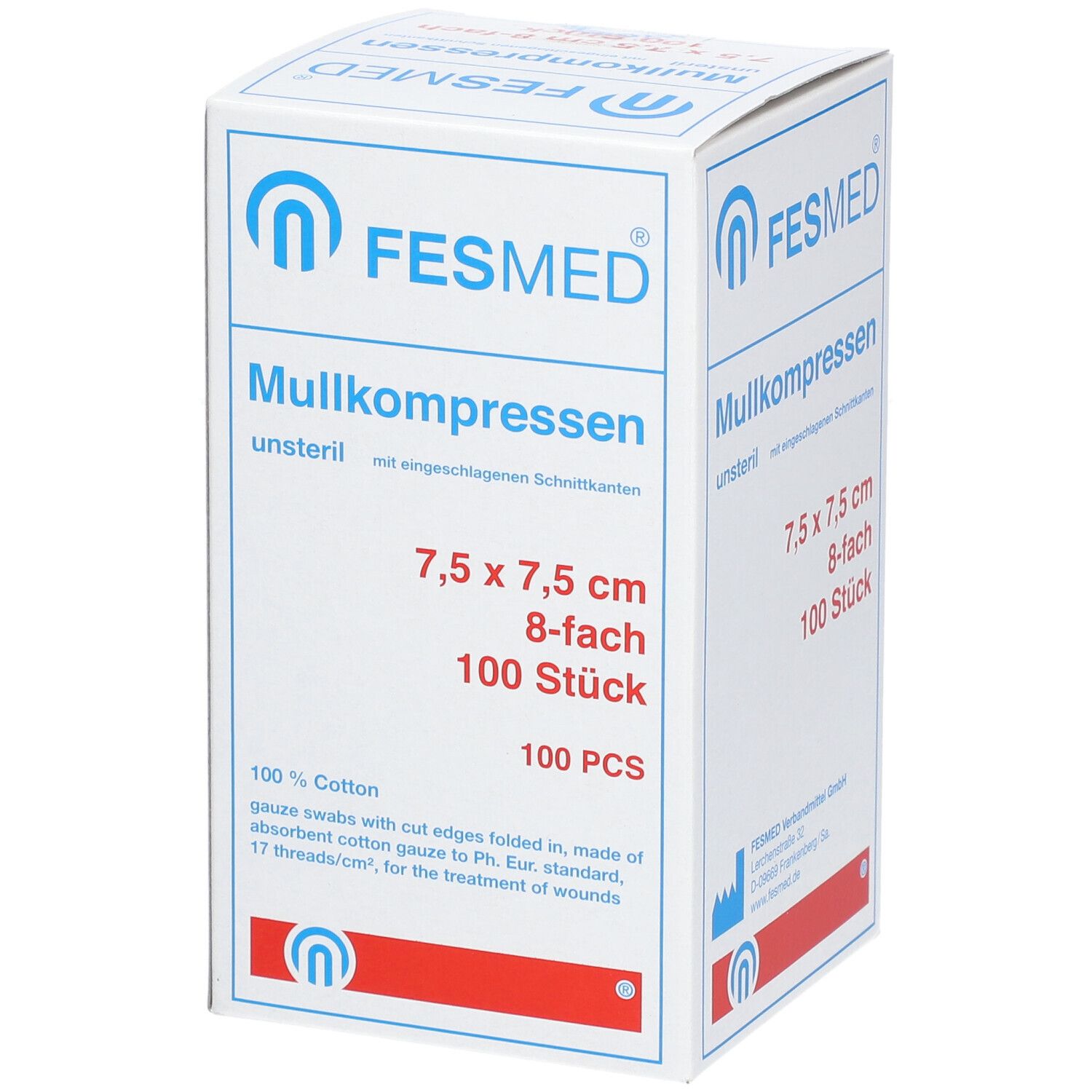 FESMED Mullkompressen, unsteril, 7,5 x 7,5 cm, 8-fach, 100 Stück. Weiße Verpackung mit blauen und roten Akzenten.
