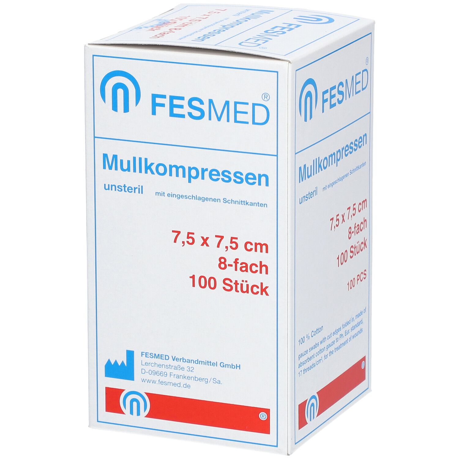 FESMED Mullkompressen, unsteril, 7,5 x 7,5 cm, 8-fach, 100 Stück. Weiße Verpackung mit blauen und roten Akzenten.