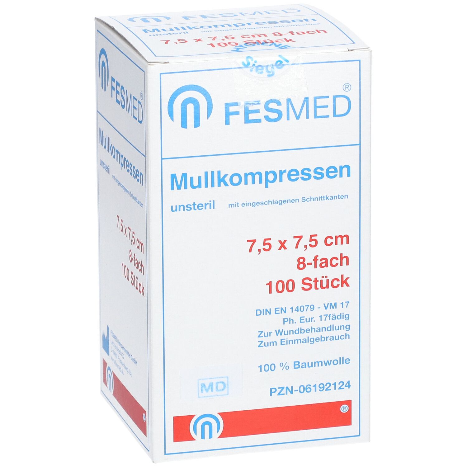 FESMED Mullkompressen, unsteril, 7,5 x 7,5 cm, 8-fach, 100 Stück. Weiße Verpackung mit blauen und roten Akzenten.