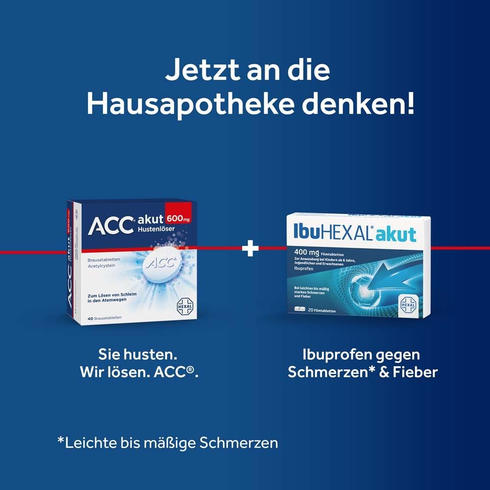 ACC akut und IbuHEXAL akut. Text: Jetzt an die Hausapotheke denken! Gegen Schmerzen & Fieber.
