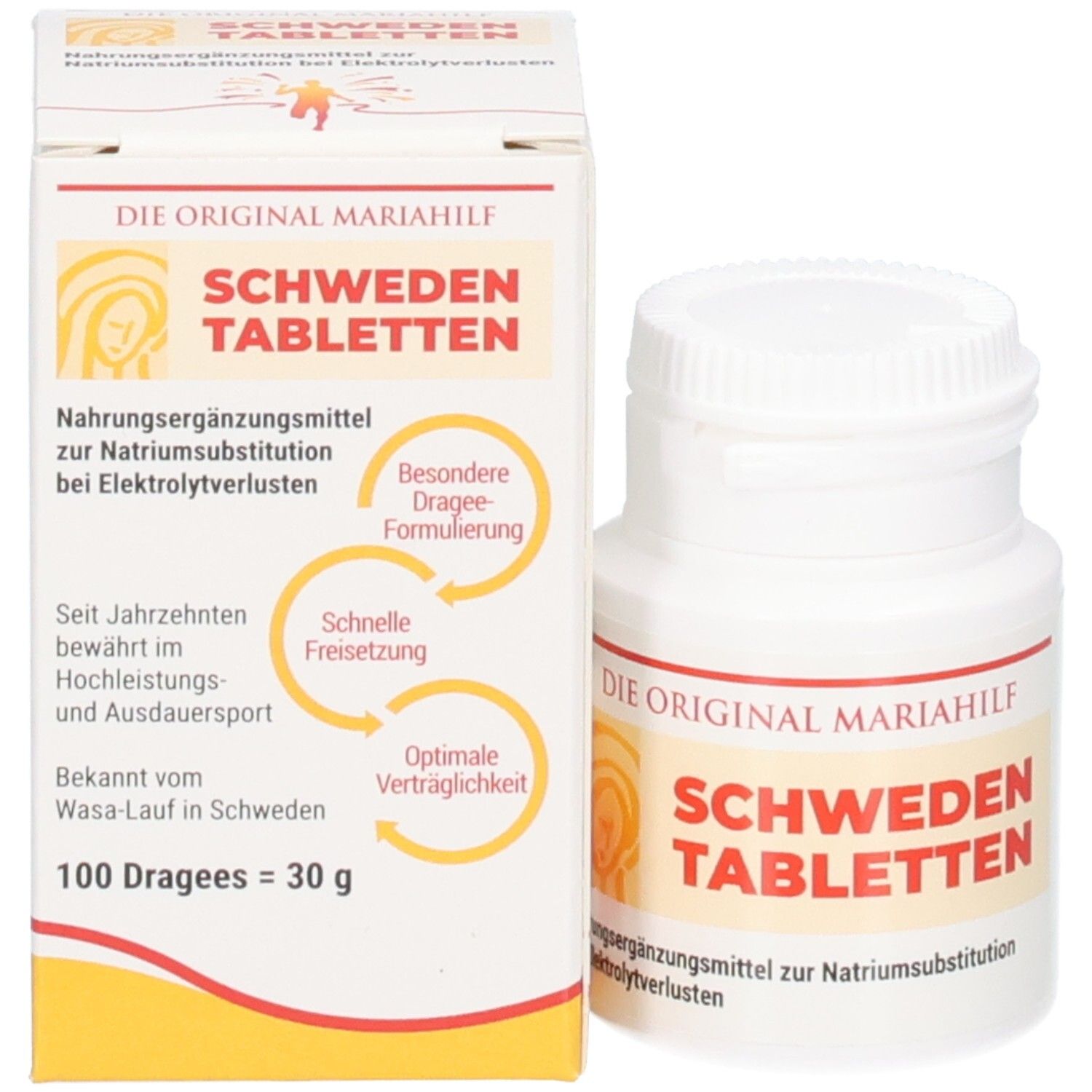 Verpackung und Pillendose von 'SCHWEDEN TABLETTEN' nebeneinander.