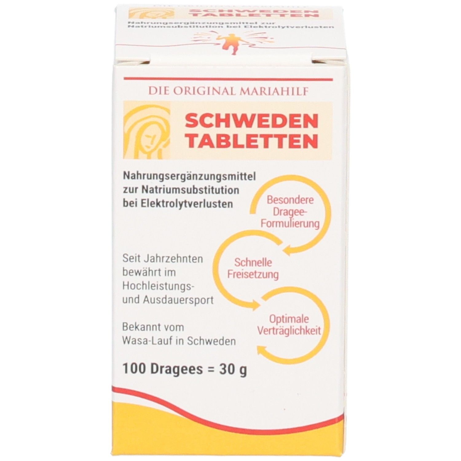 Verpackung von 'SCHWEDEN TABLETTEN' mit detaillierten Informationen und einer Pillendose.