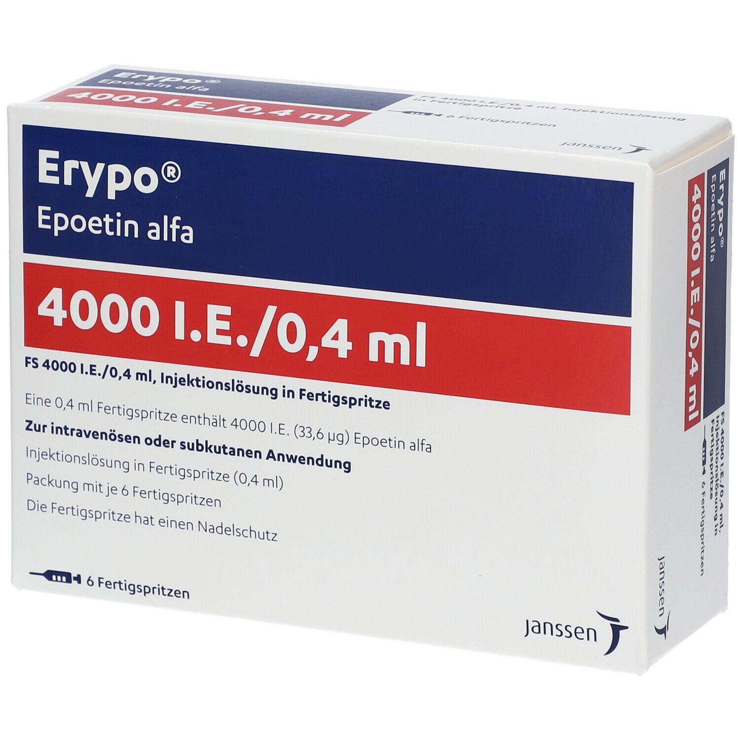 Karton mit Erypo FS 4.000. Aufschrift: 4000 I.E./0,4 ml. Enthält 6 Fertigspritzen. Janssen-Logo.