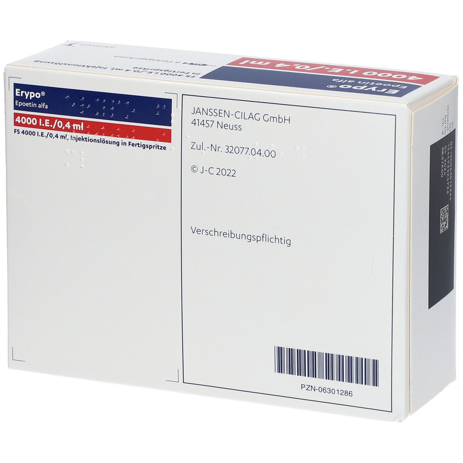 Rückseite der Erypo FS 4.000-Verpackung. Herstellerinformationen, Zulassungsnummer, Barcode. Janssen-Logo.