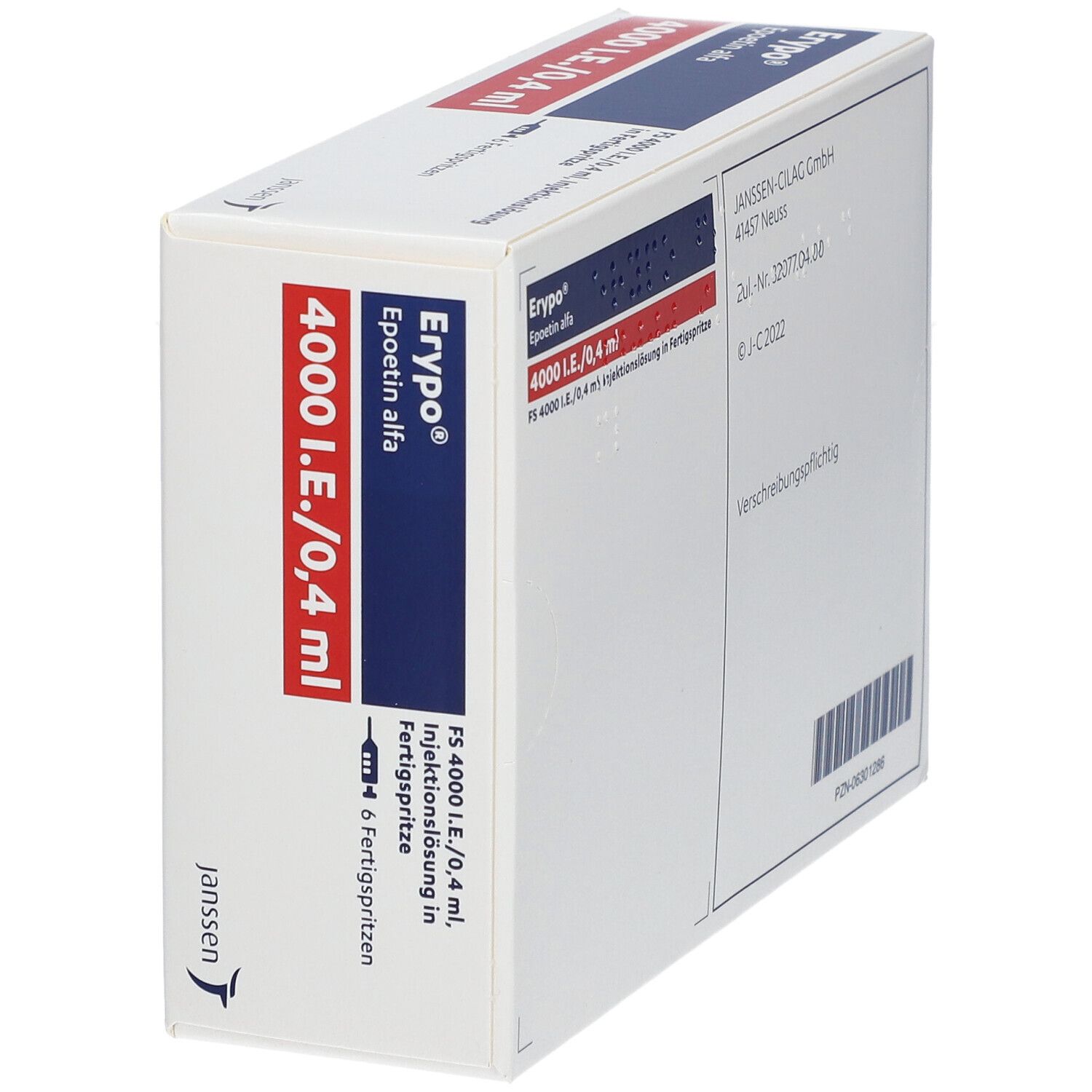 Erypo FS 4.000-Verpackung, schräg. Aufschrift: 4000 I.E./0,4 ml. Enthält 6 Fertigspritzen. Janssen-Logo.