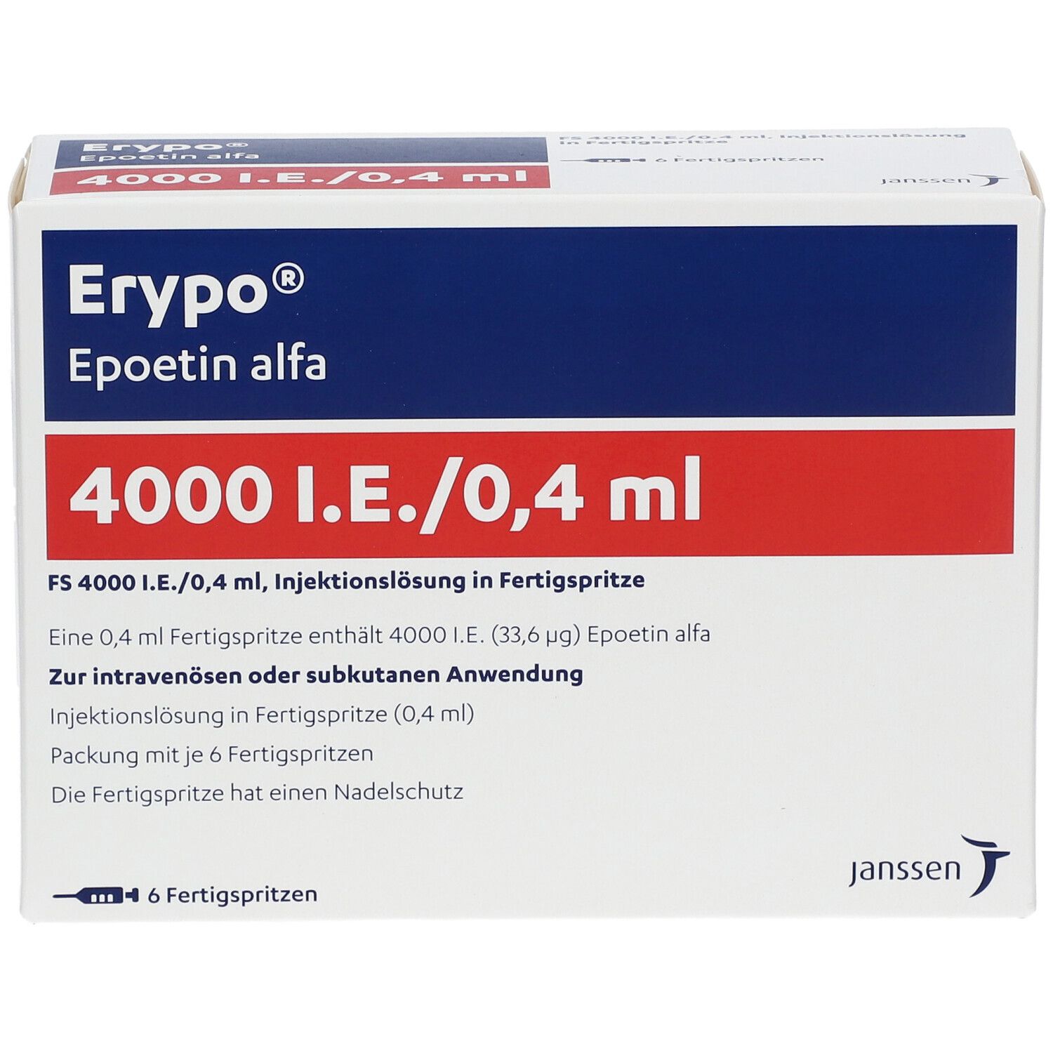 Karton Erypo FS 4.000. Aufschrift: 4000 I.E./0,4 ml. Enthält 6 Fertigspritzen. Janssen-Logo.