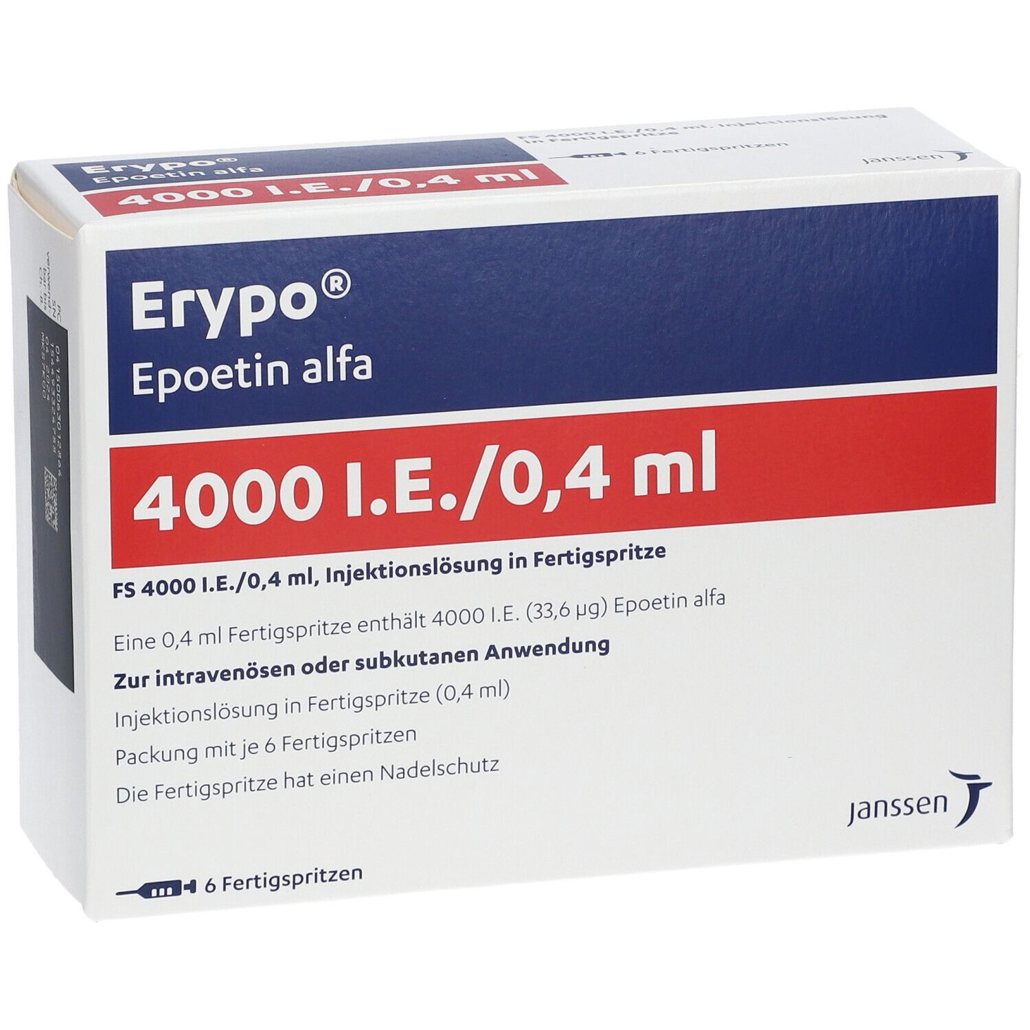 Karton Erypo FS 4.000. Aufschrift: 4000 I.E./0,4 ml. Enthält 6 Fertigspritzen. Janssen-Logo.