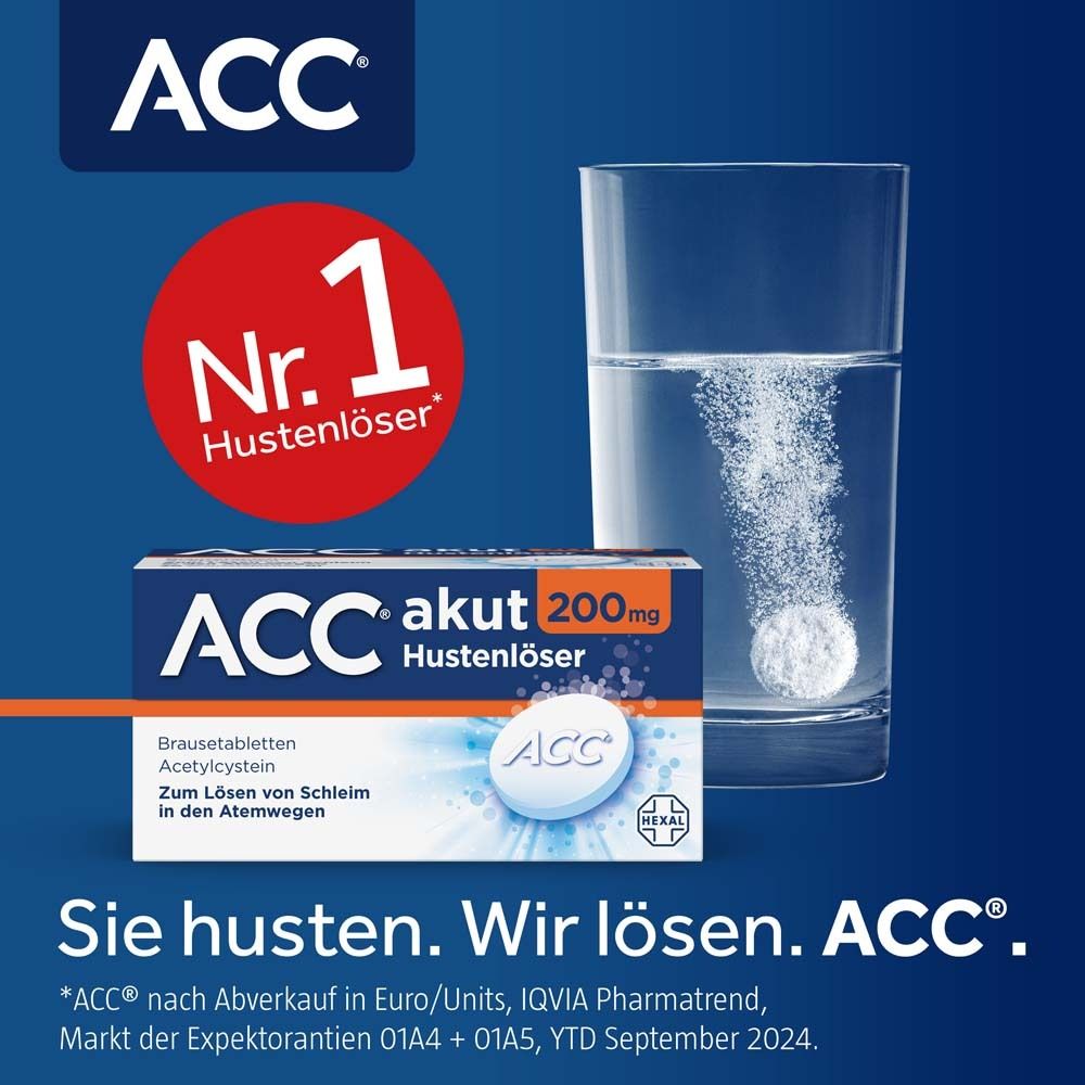 Glas mit Brausetablette und ACC akut 200mg Packung. Text: Nr. 1 Hustenlöser. Sie husten. Wir lösen. ACC®.