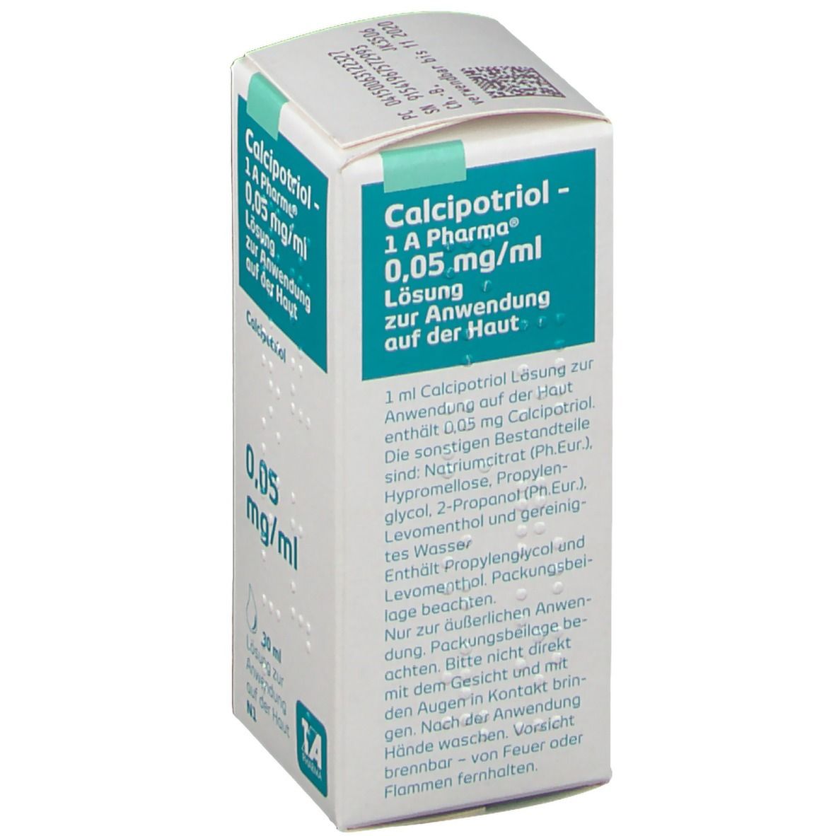 Karton von Calcipotriol - 1 A Pharma® 0,05 mg/ml. Text: Lösung zur Anwendung auf der Haut. Inhaltsstoffe. 30 ml.