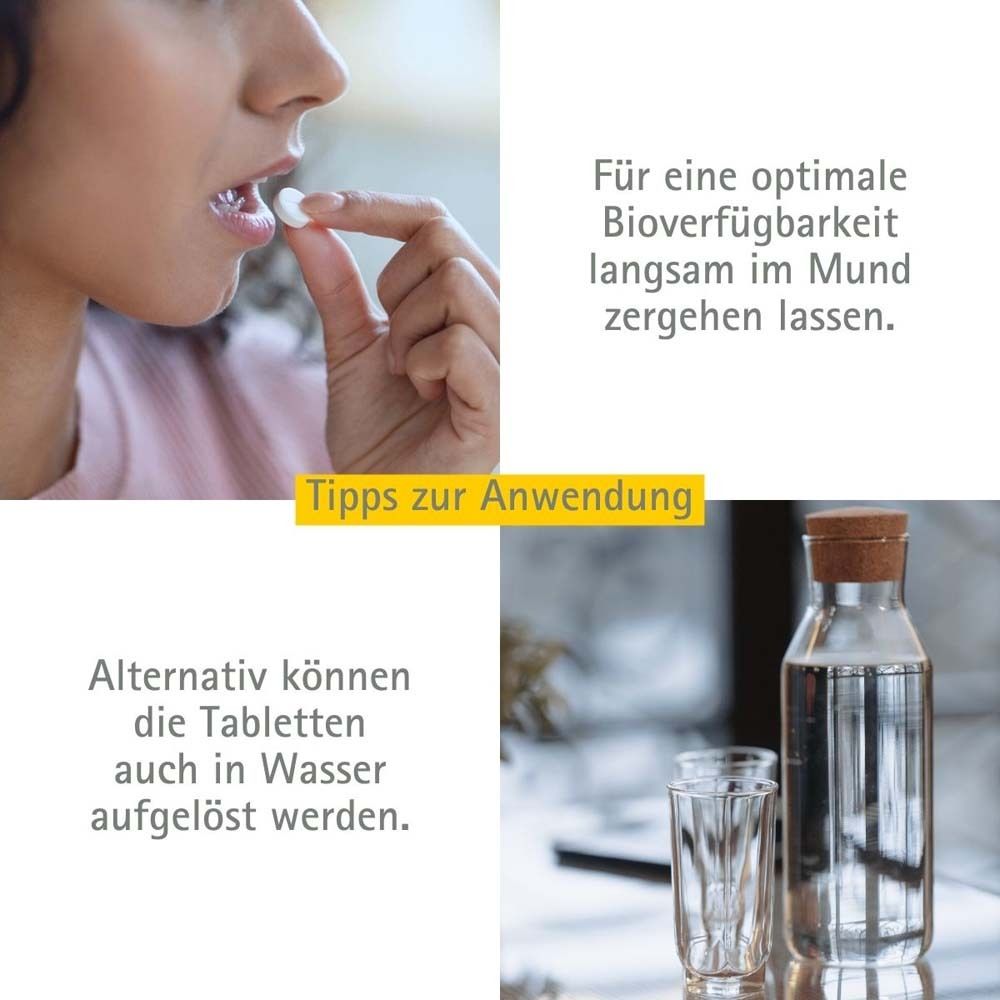 Frau nimmt Tablette. Text: Langsam im Mund zergehen lassen. Alternativ in Wasser auflösen.