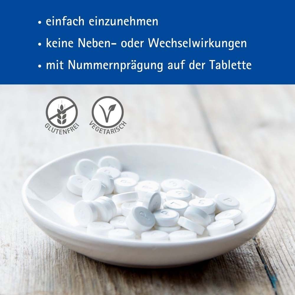 Tabletten in Schale. Text: glutenfrei, vegetarisch. Text: einfach einzunehmen, keine Nebenwirkungen.