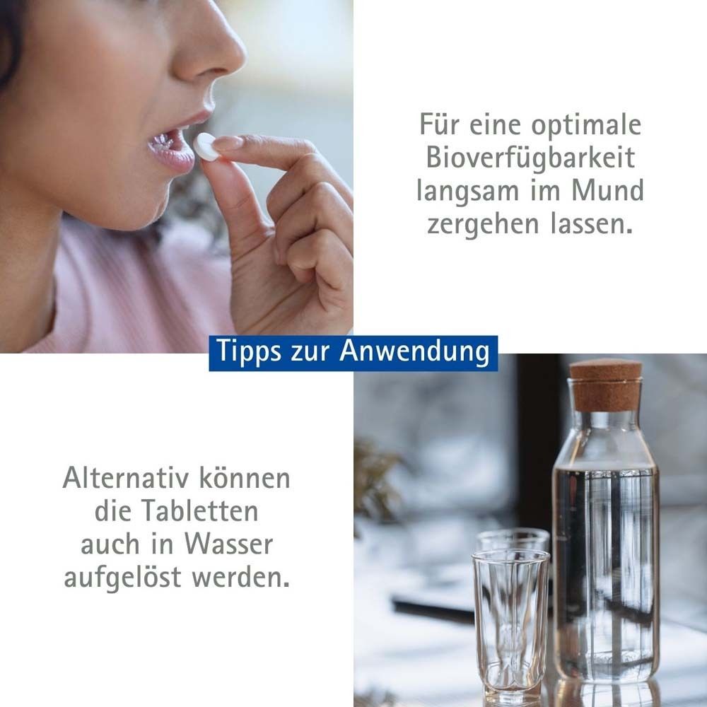 Frau nimmt Tablette ein. Text: Tipps zur Anwendung. Tabletten in Wasser auflösen.