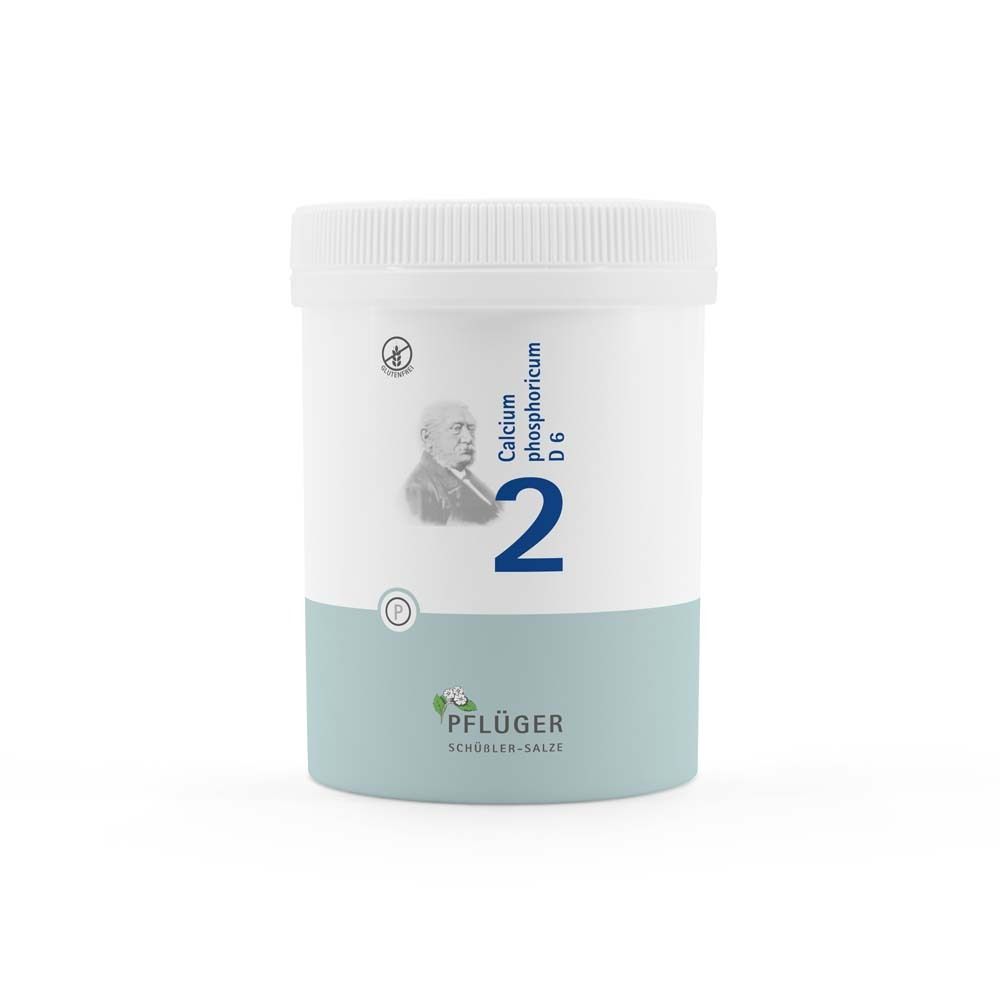 Weißer Behälter mit blauem Unterteil. Aufschrift: Calcium phosphoricum D6, Nr. 2, Pflüger Schüßler-Salze.
