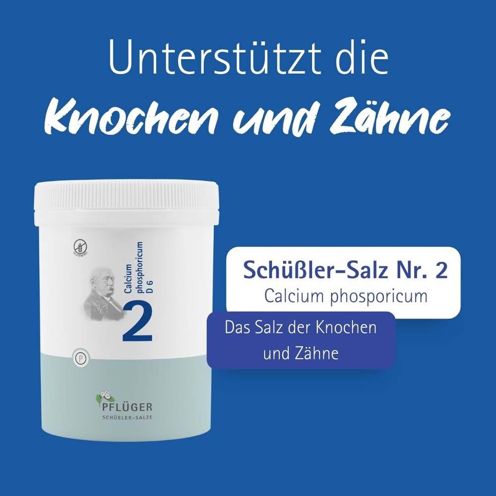 Weißes Produkt von Pflüger. Aufschrift: Schüßler-Salz Nr. 2 Calcium phosphoricum. Unterstützt Knochen und Zähne.
