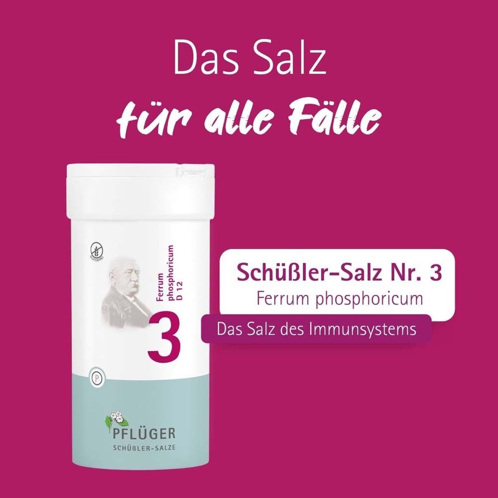 Weißes Tablettenröhrchen mit roter Aufschrift. Text: Schüßler-Salz Nr. 3 Ferrum phosphoricum D12. Logo.