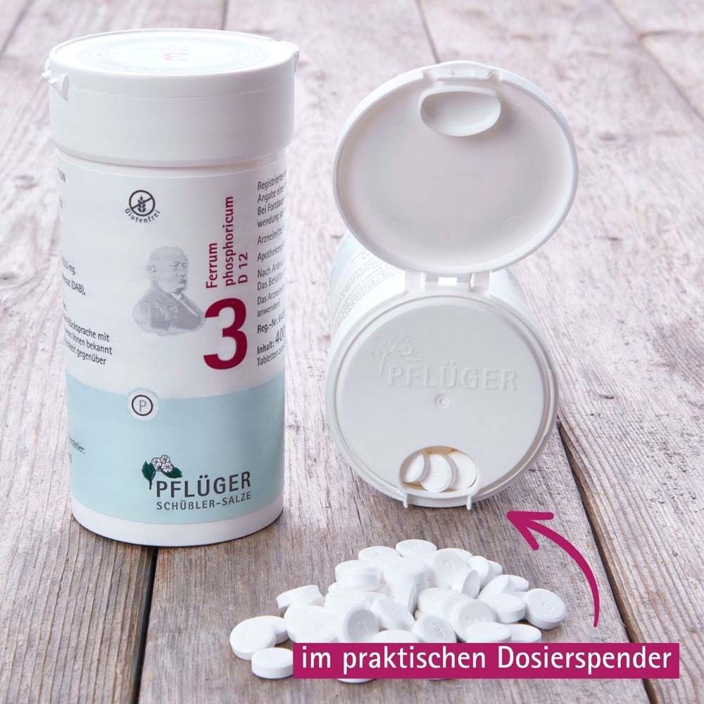 Tablettenröhrchen geöffnet, Tabletten daneben. Text: im praktischen Dosierspender.