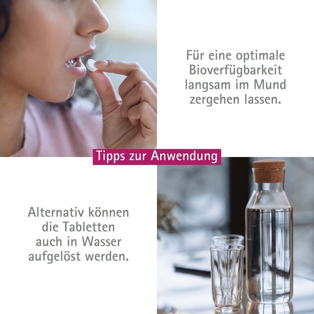 Frau nimmt Tablette. Text: Für eine optimale Bioverfügbarkeit langsam im Mund zergehen lassen. Alternativ in Wasser auflösen.