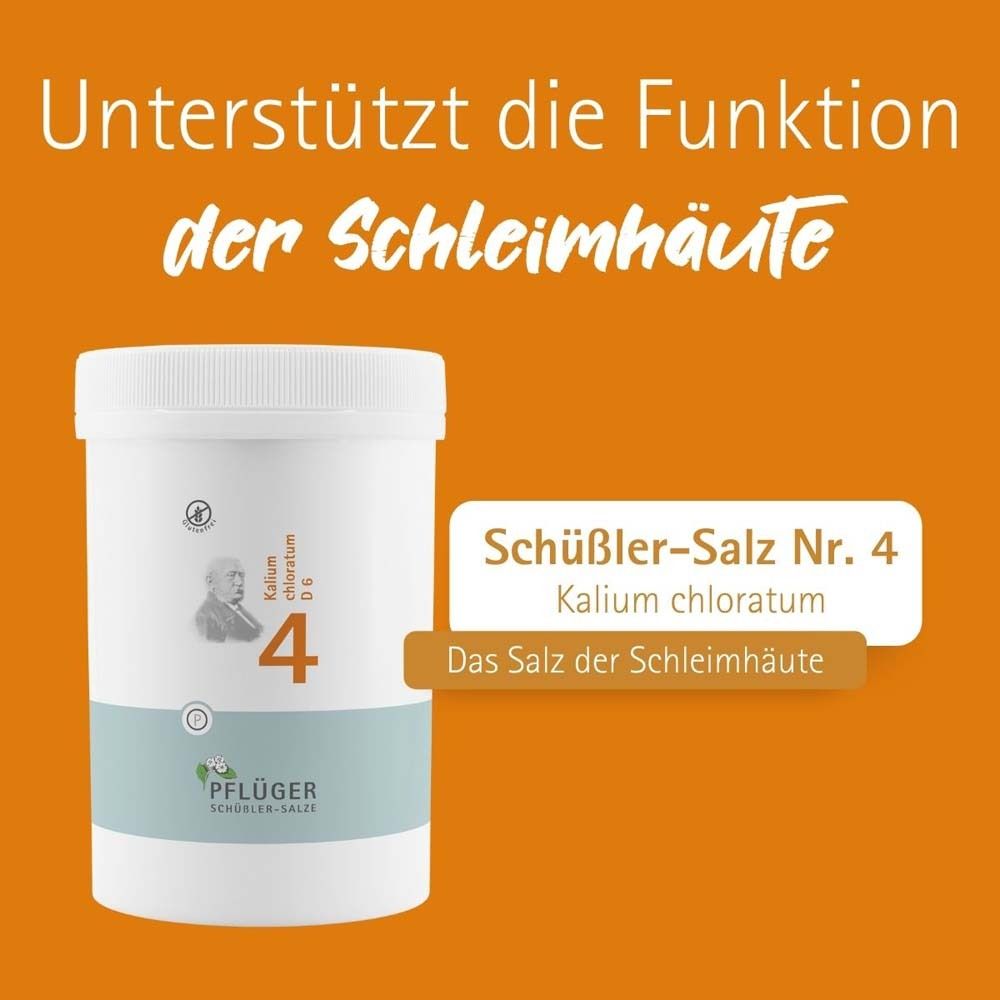 Produktbehälter neben Text. Text: Schüßler-Salz Nr. 4 Kalium chloratum. Das Salz der Schleimhäute. Hintergrund orange.