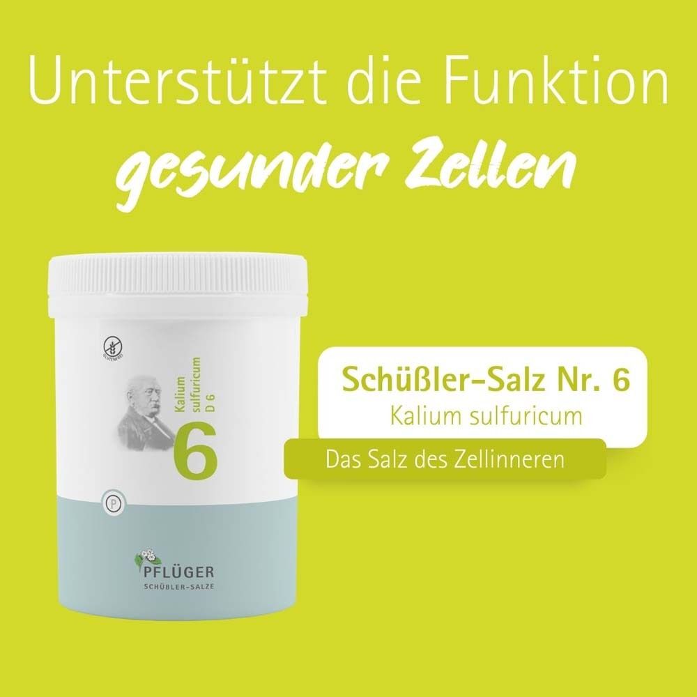 Behälter mit Tabletten. Aufschrift: Schüßler-Salz Nr. 6 Kalium sulfuricum D6. Pflüger Logo.