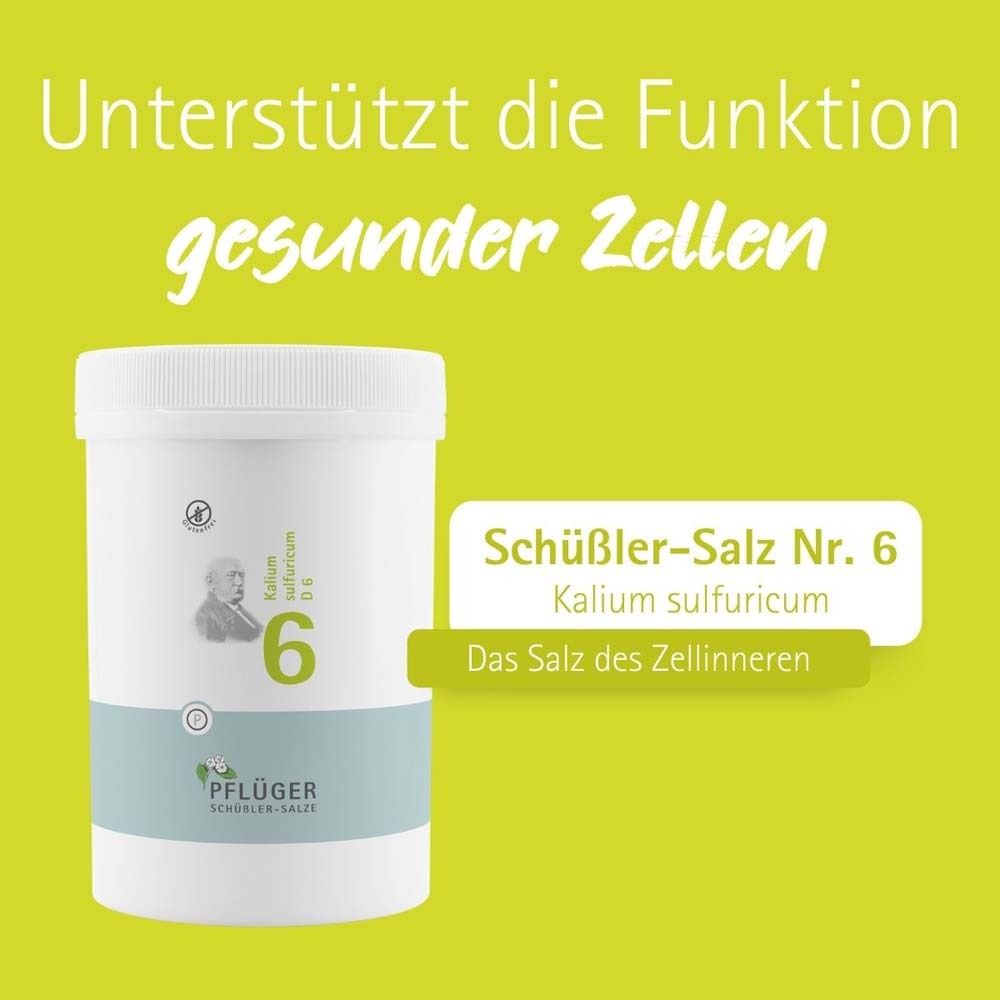 Weißer Behälter mit Produktinformationen. Aufschrift: Schüßler-Salz Nr. 6 Kalium sulfuricum D6. Marke: Pflüger.