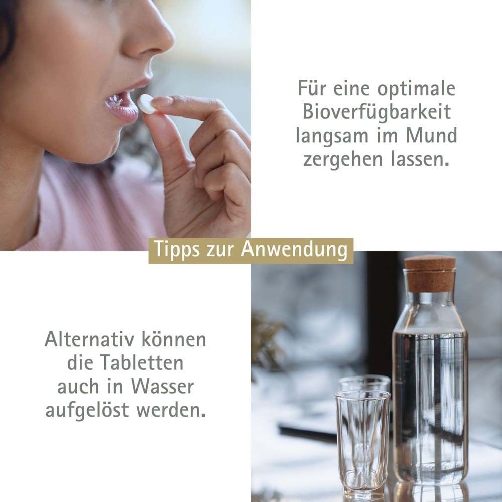 Frau nimmt Tablette ein. Text: Langsam im Mund zergehen lassen. Alternativ in Wasser auflösen.