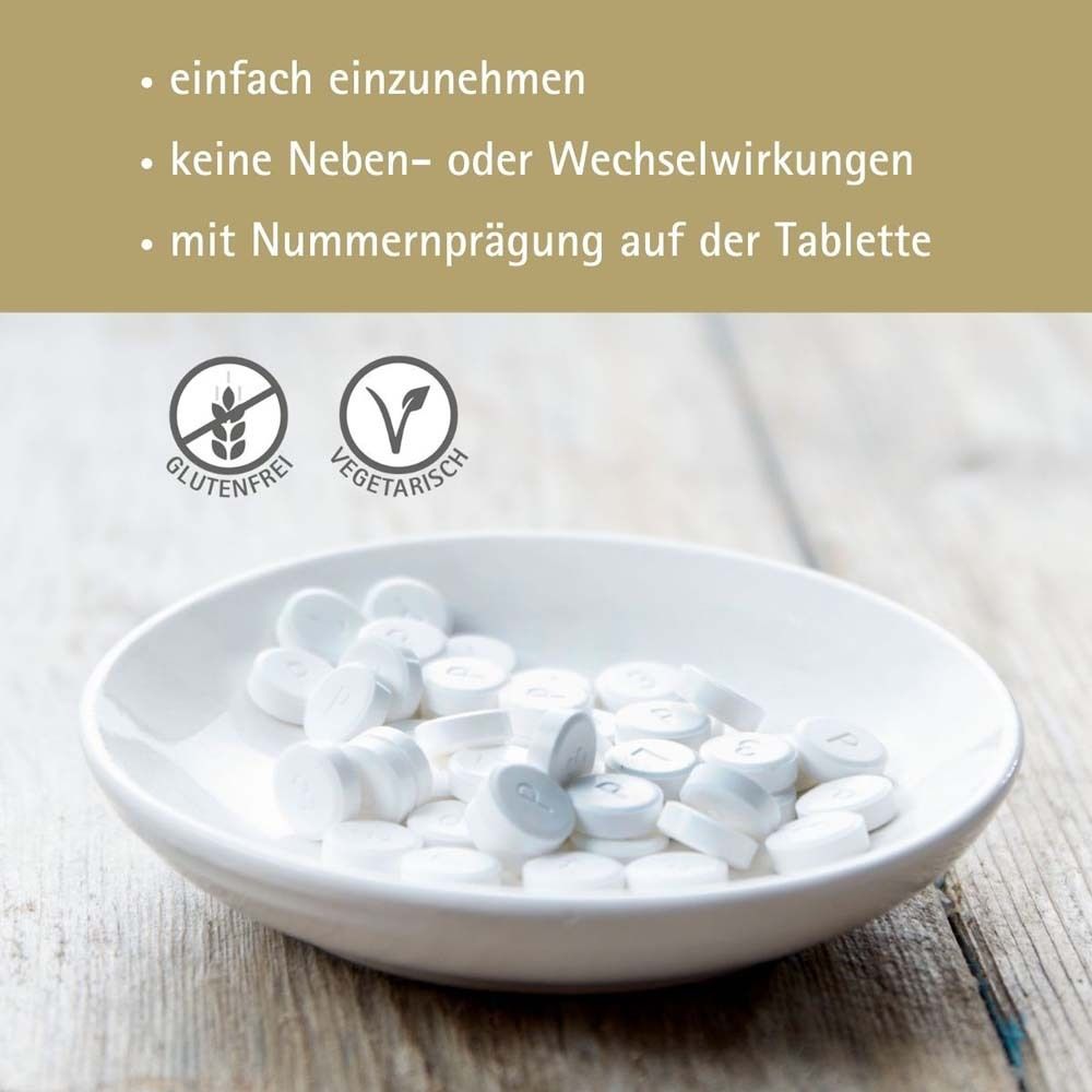 Tabletten werden aus einer Dose in die Hand gegossen. Text: "Im Akutfall bis zu sechsmal täglich 1 Tablette..."