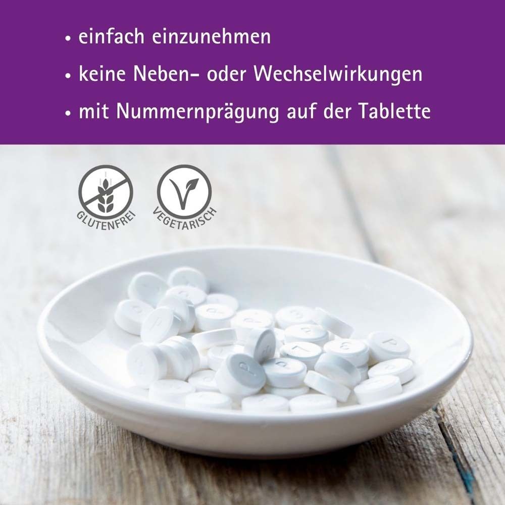 Tabletten in Schale. Text: einfach einzunehmen, keine Nebenwirkungen, mit Nummer.