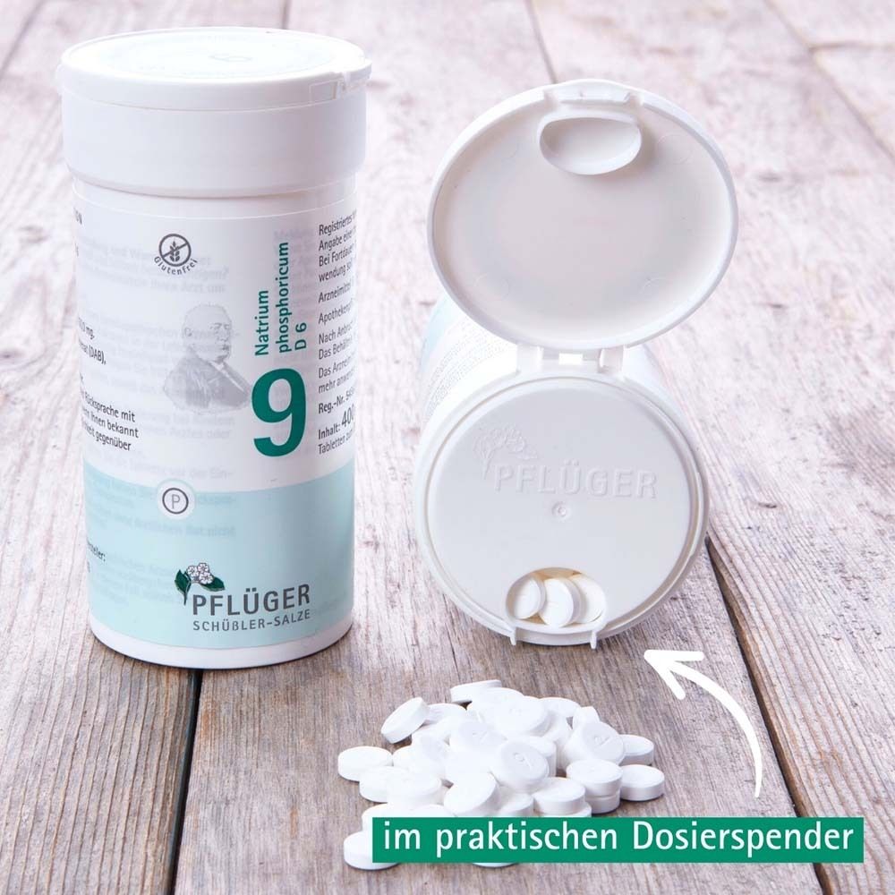 Dose mit Tabletten. Tabletten im Dosierspender. Text: im praktischen Dosierspender.