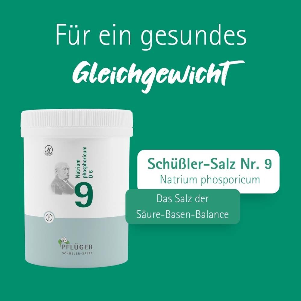 Weißes Tabletten-Behältnis mit grünem Etikett. Aufschrift: Schüßler-Salz Nr. 9 Natrium phosphoricum D6. Pflüger-Logo.