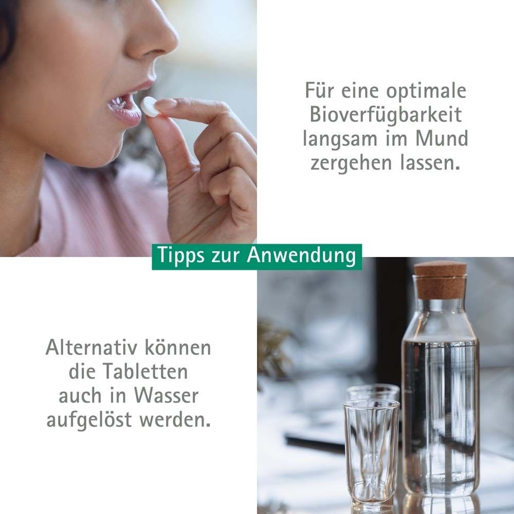 Frau nimmt Tablette ein. Text: Für eine optimale Bioverfügbarkeit langsam im Mund zergehen lassen. Flasche und Glas.