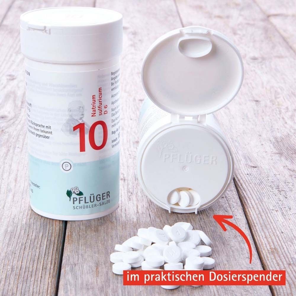 Weiße Tabletten in einer Dose mit Dosierspender. Text: im praktischen Dosierspender.