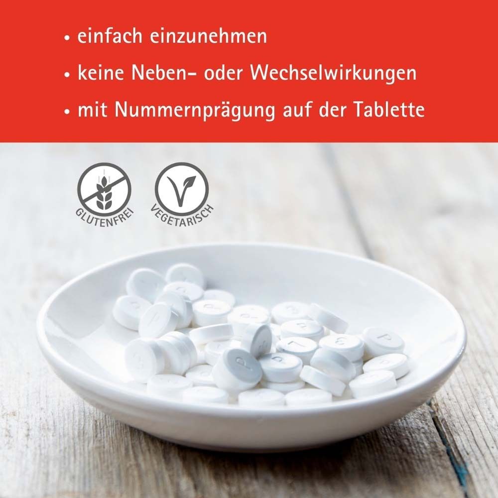 Weiße Tabletten in Schale. Text: "einfach einzunehmen", "keine Nebenwirkungen", "mit Nummernpraegung".