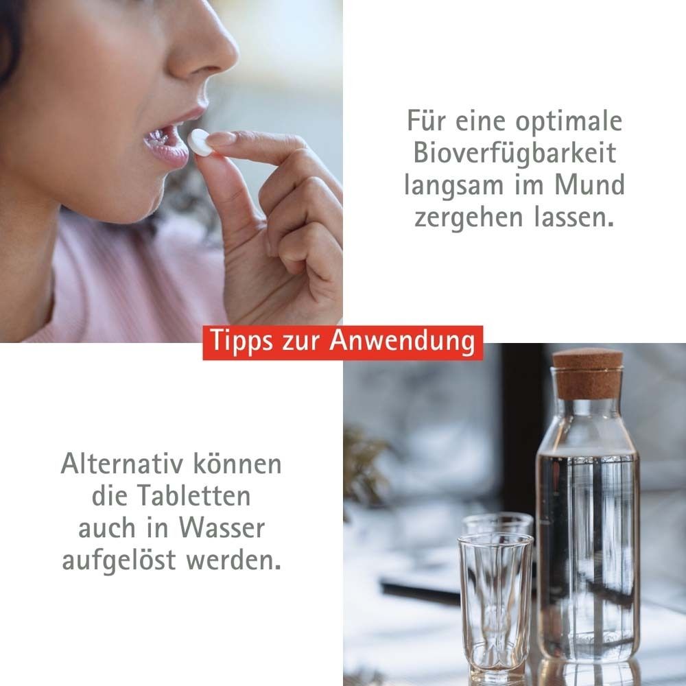 Frau nimmt Tablette. Text: "langsam im Mund zergehen lassen". Flasche und Glas.